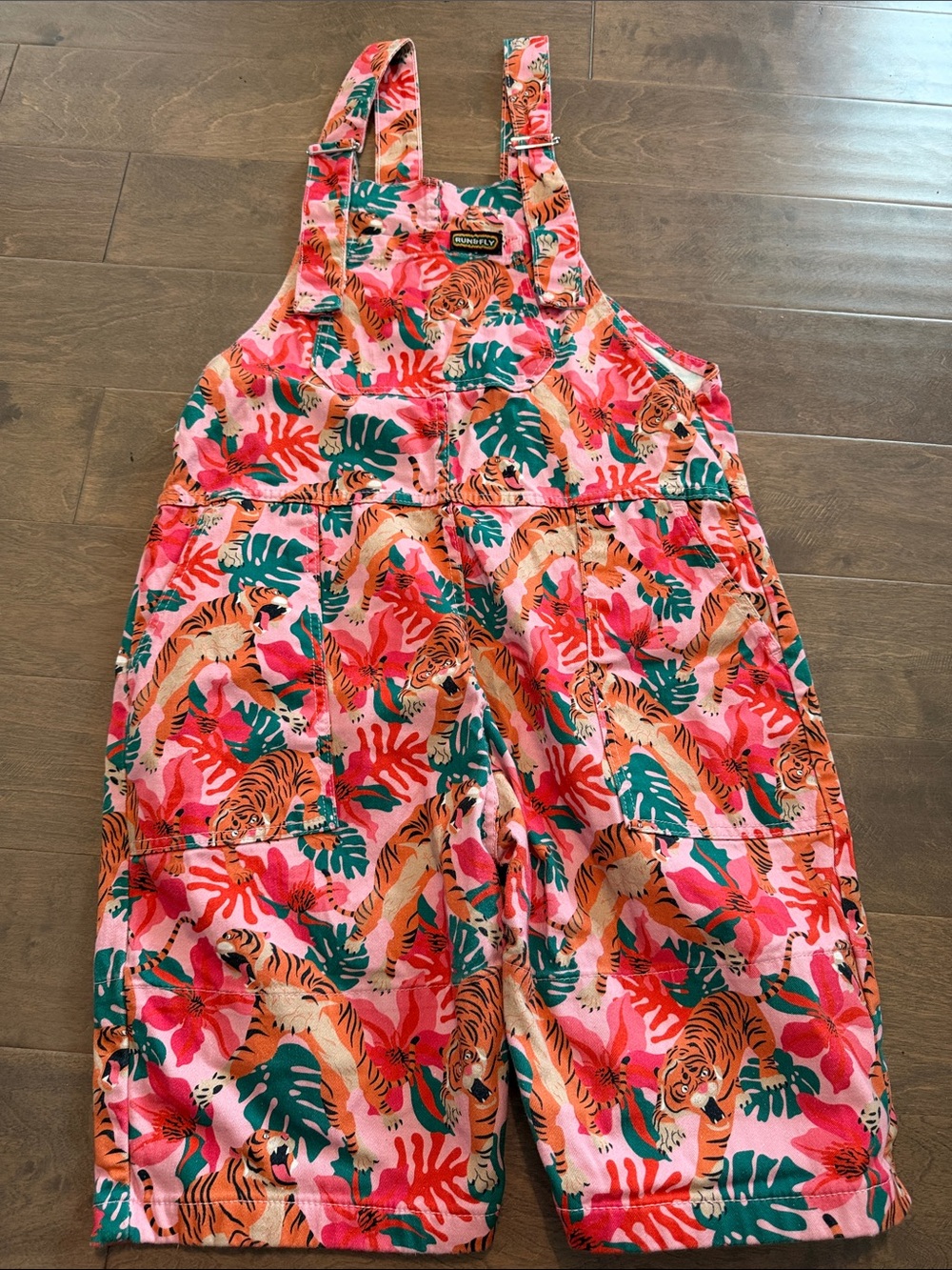 Runs & Fly Pink Tropical Tiger Print Jeans Overalls